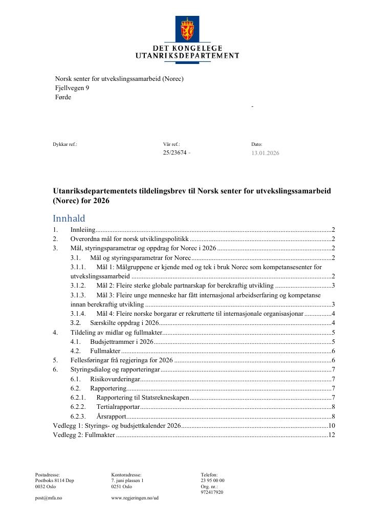 Forsiden av dokumentet Tildelingsbrev Norec 2026