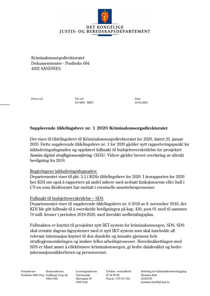 Forsiden av dokumentet Supplerende tildelingsbrev Kriminalomsorgsdirektoratet 2020