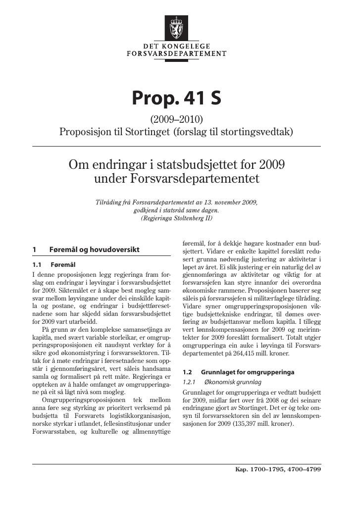 Forsiden av dokumentet Prop. 41 S (2009-2010)