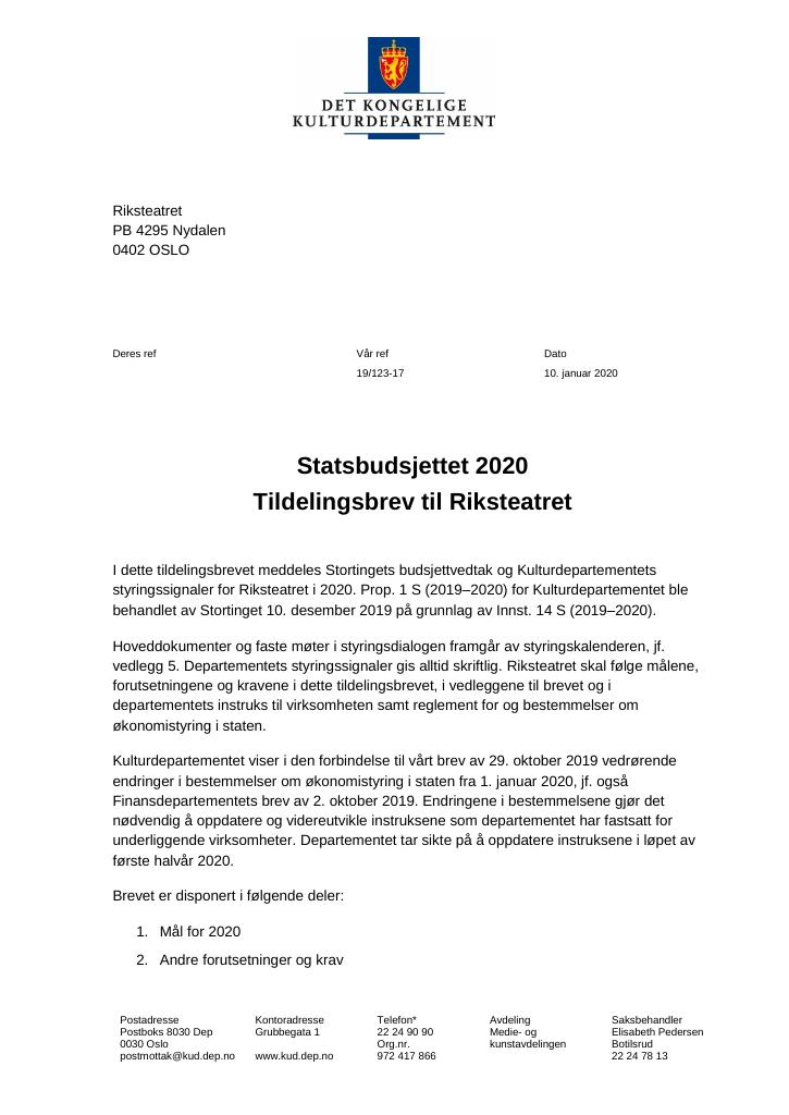 Forsiden av dokumentet Tildelingsbrev Riksteateret 2020