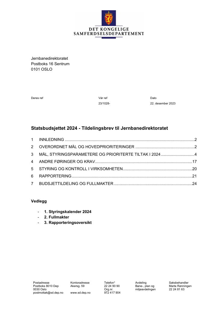 Forsiden av dokumentet Tildelingsbrev Jernbanedirektoratet 2024