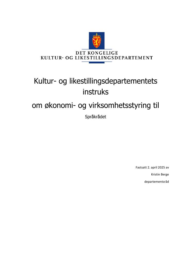 Forsiden av dokumentet Instruks om økonomi- og virksomhetsstyring til Språkrådet 2025