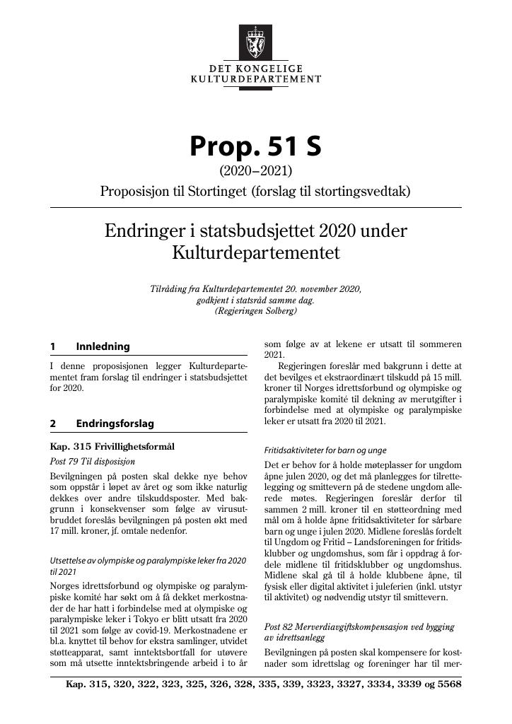 Forsiden av dokumentet Prop. 51 S (2020–2021)