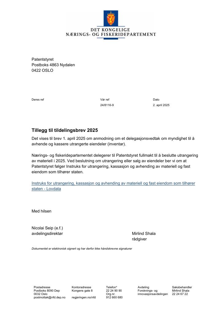 Forsiden av dokumentet Tildelingsbrev Patentstyret 2025 - tillegg