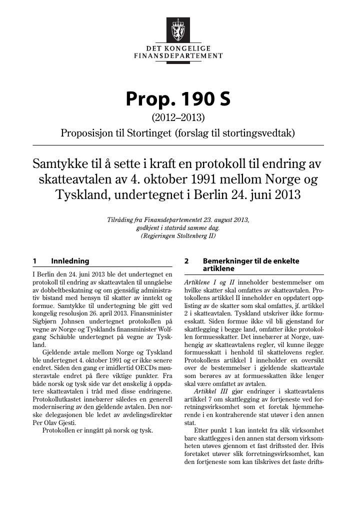 Forsiden av dokumentet Prop. 190 S (2012–2013)