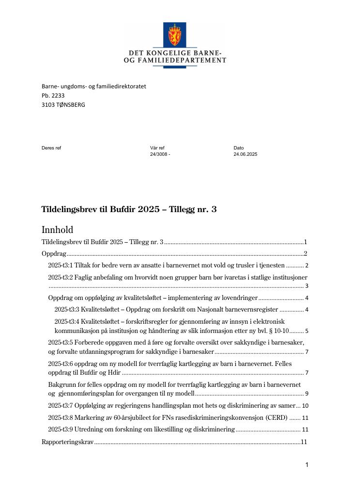 Forsiden av dokumentet Tildelingsbrev Bufdir 2025 - tillegg nr. 3