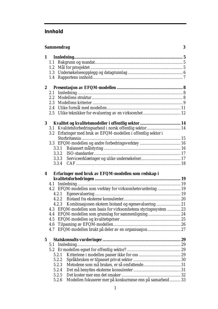 Forsiden av dokumentet EFQM modellen passer den for offentlig sektor