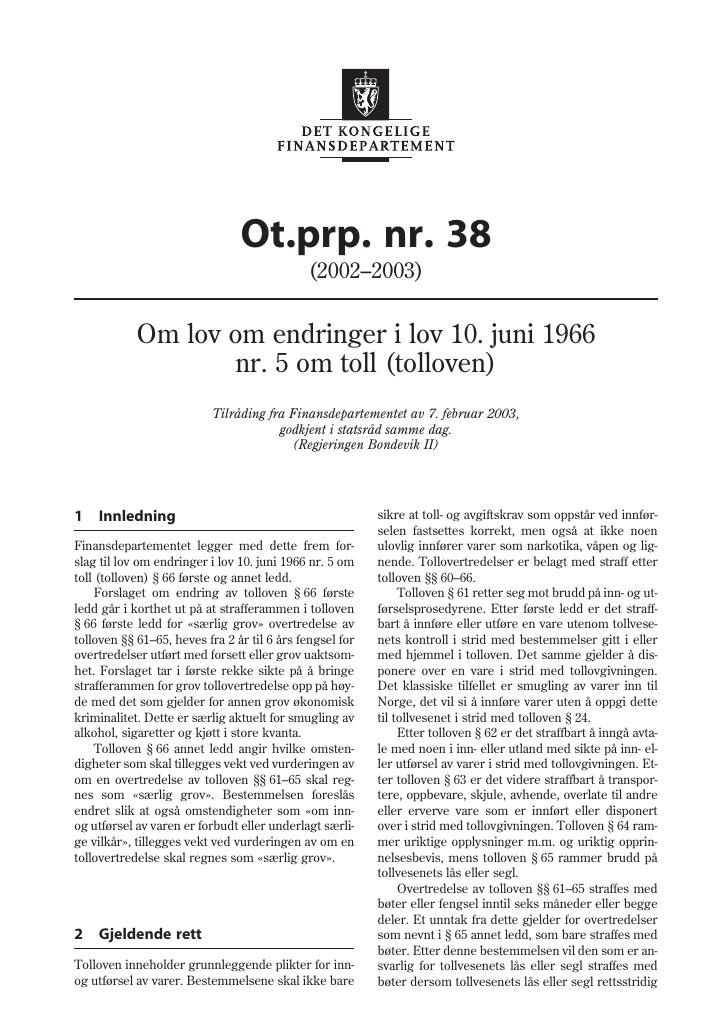 Forsiden av dokumentet Ot.prp. nr. 38 (2002-2003)