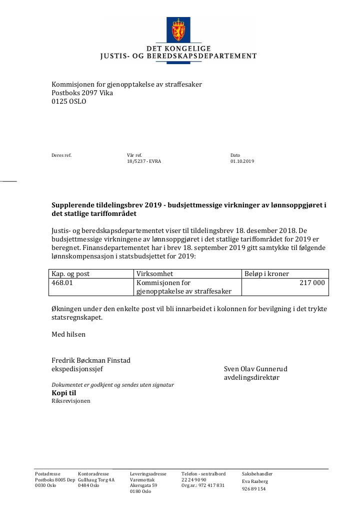 Forsiden av dokumentet Supplerende tildelingsbrev nr. 2 Kommisjonen for gjenopptakelse av straffesaker 2019