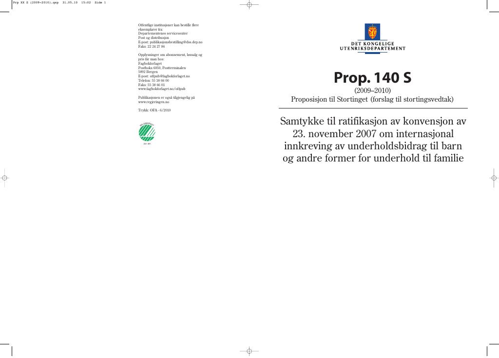 Forsiden av dokumentet Prop. 140 S (2009-2010)