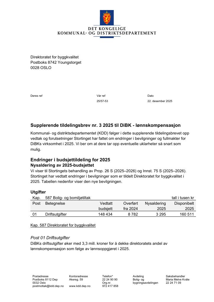 Forsiden av dokumentet Tildelingsbrev Direktoratet for byggkvalitet 2025 - tillegg nr. 3