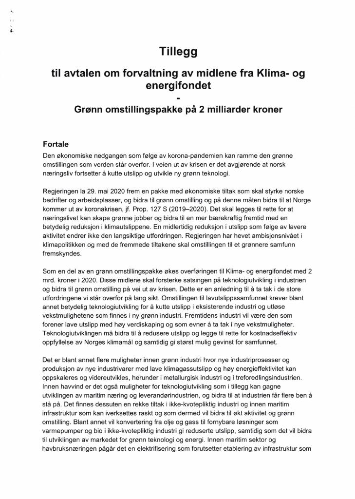 Forsiden av dokumentet Tillegg til avtalen om forvaltning av midlene fra Klima- og energifondet – Grønn omstillingspakke