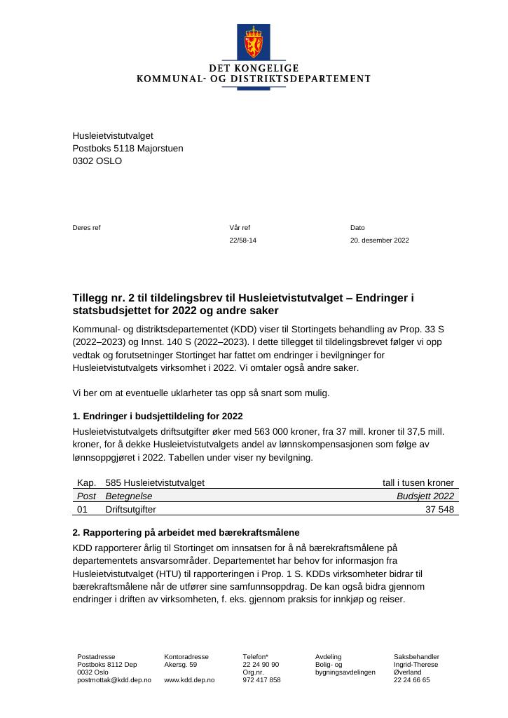 Forsiden av dokumentet Tildelingsbrev Husleietvistutvalget 2022 - tillegg nr. 2