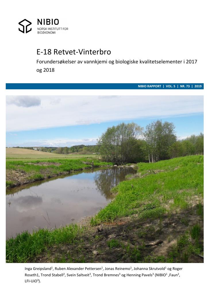 Forsiden av dokumentet E-18 Retvet-Vinterbro. Forundersøkelser av vannkjemi og biologiske kvalitetselementer i 2017 og 2018.