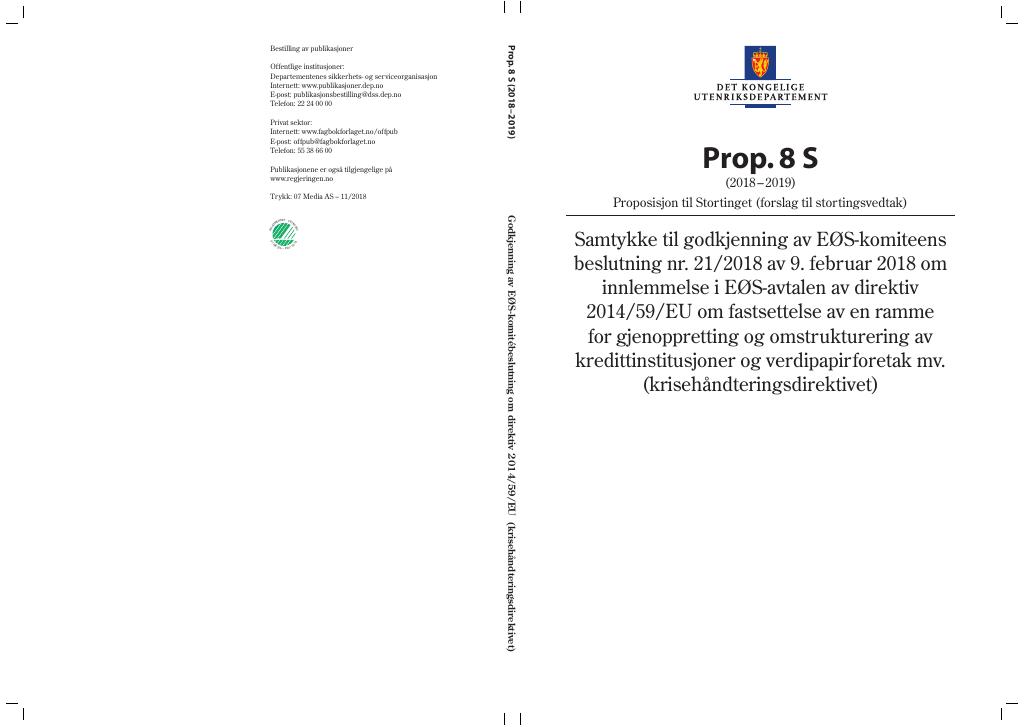 Forsiden av dokumentet Prop. 8 S (2018–2019)