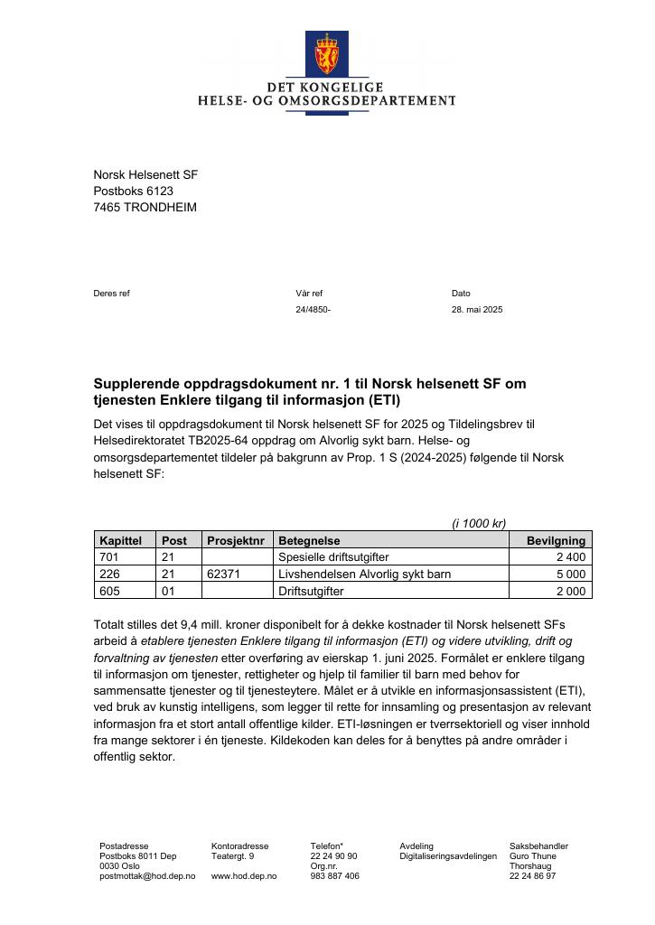 Forsiden av dokumentet Tildelingsbrev Norsk helsenett SF 2025 - tillegg nr. 1