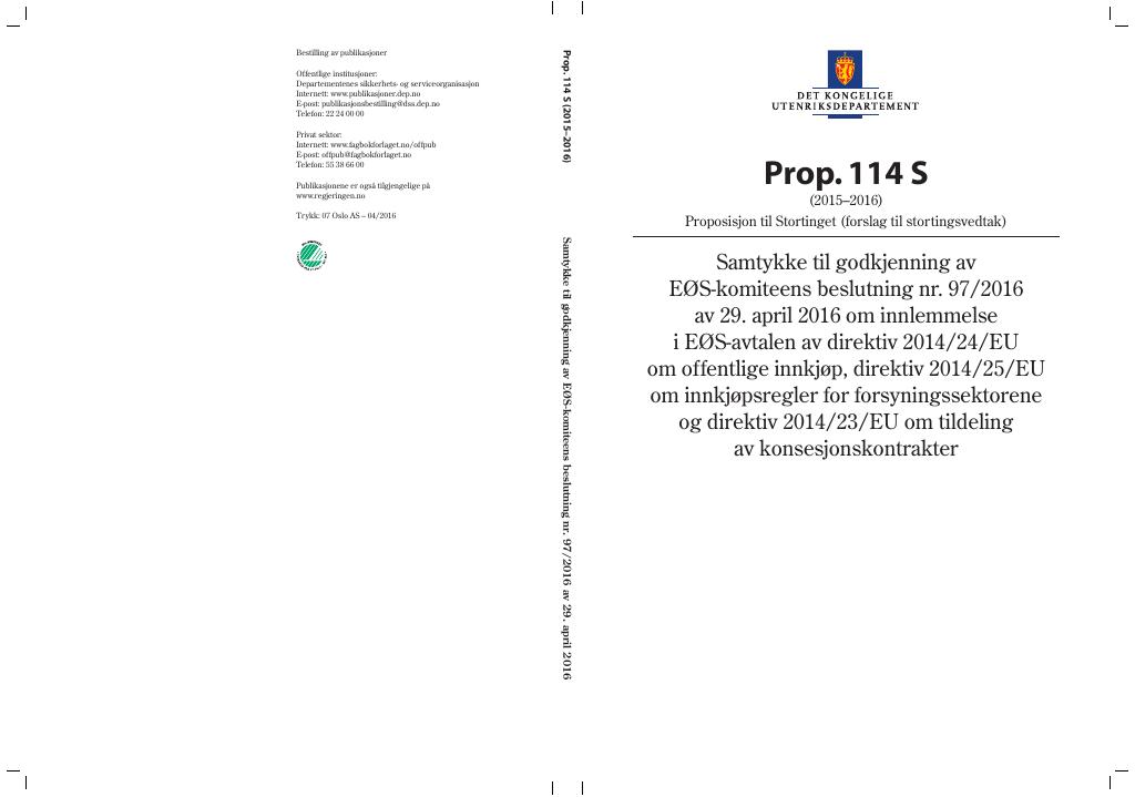 Forsiden av dokumentet Prop. 114 S (2015–2016)