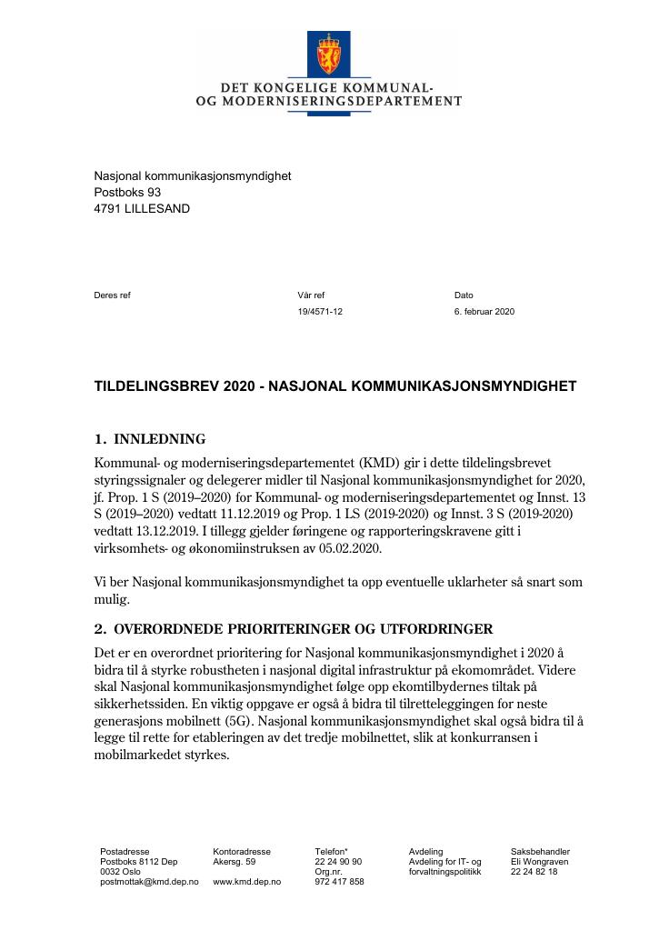 Forsiden av dokumentet Tildelingsbrev Nasjonal kommunikasjonsmyndighet 2020