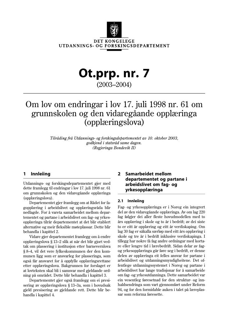 Forsiden av dokumentet Ot.prp. nr. 7 (2003-2004)