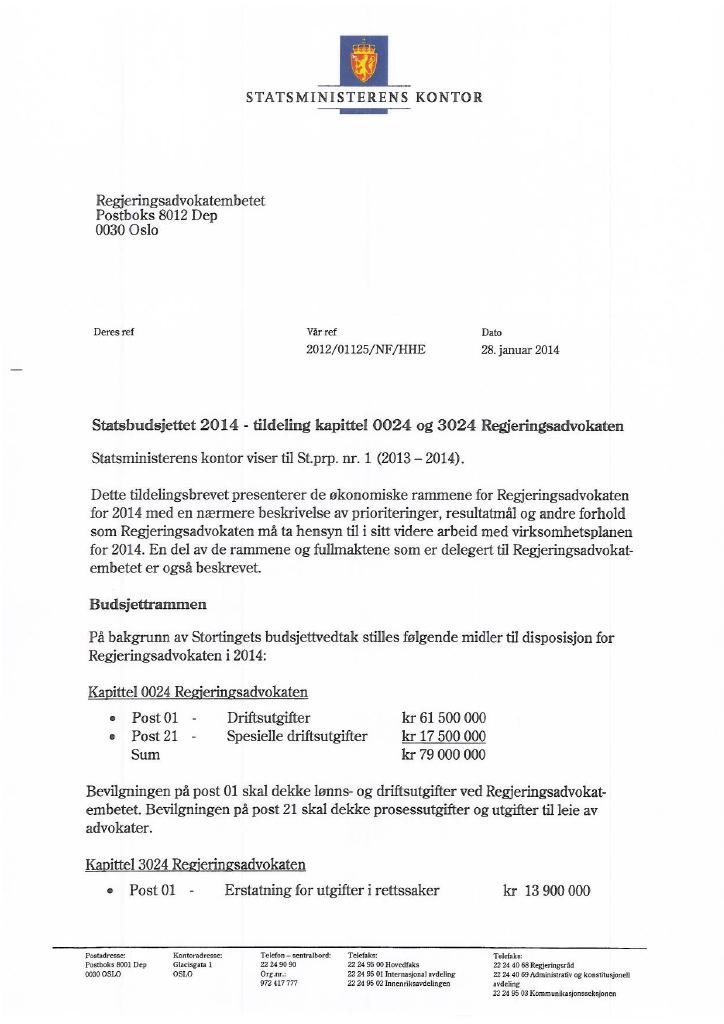 Forsiden av dokumentet Tildelingsbrev Regjeringsadvokaten 2014