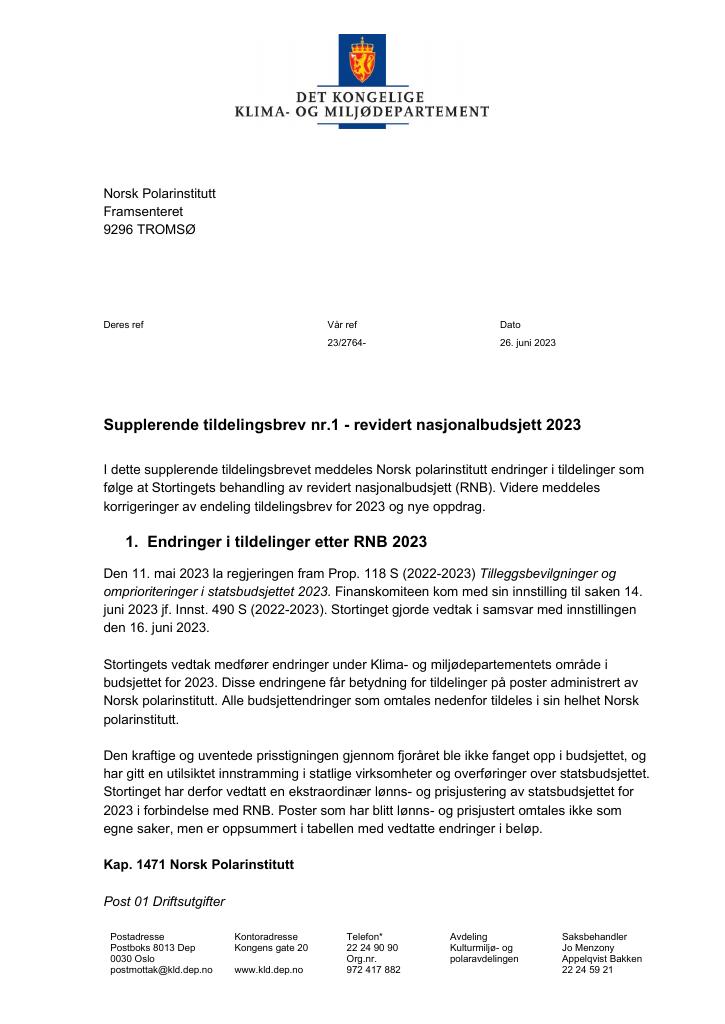 Forsiden av dokumentet Supplerende tildelingsbrev 26.06.2023