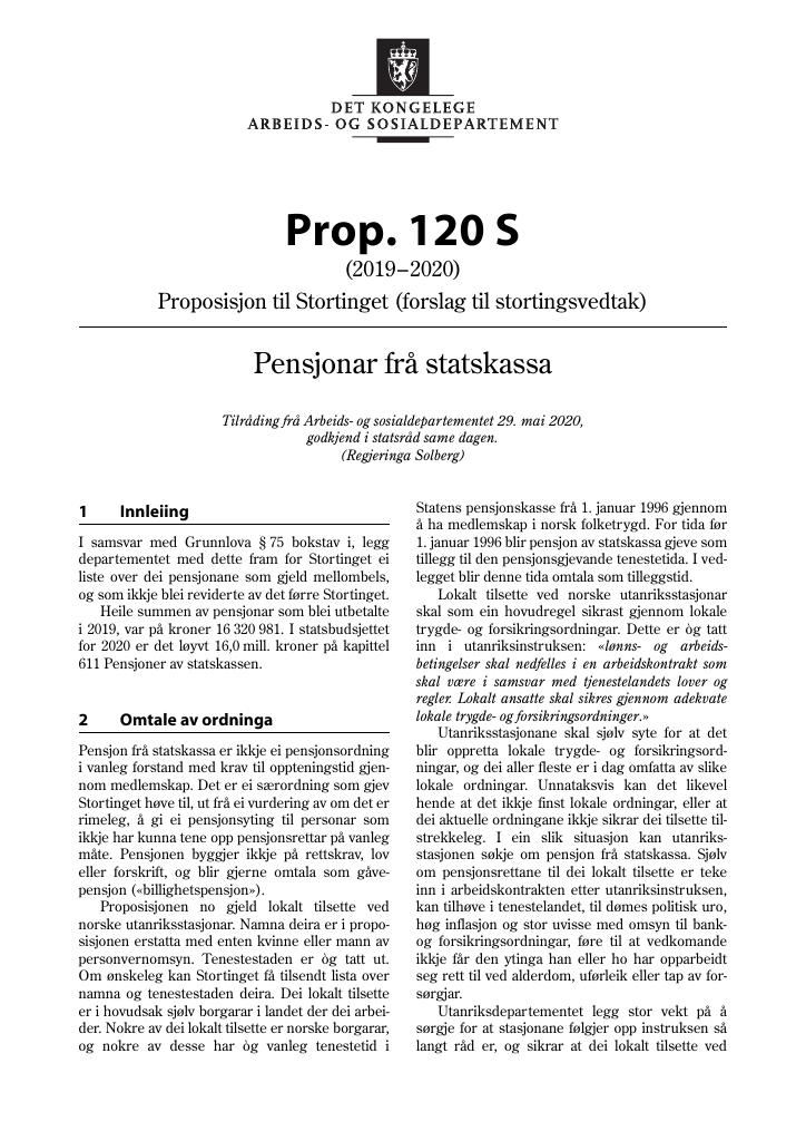 Forsiden av dokumentet Prop. 120 S (2019–2020)