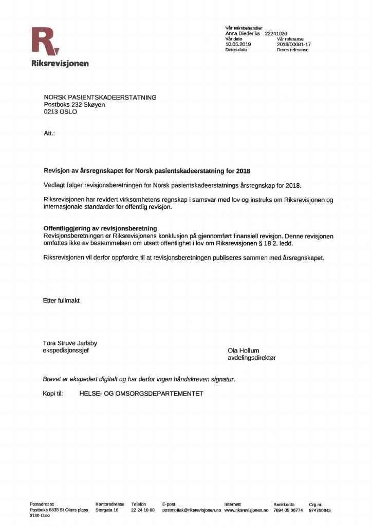 Forsiden av dokumentet Revisjonsberetning NPE (PDF)