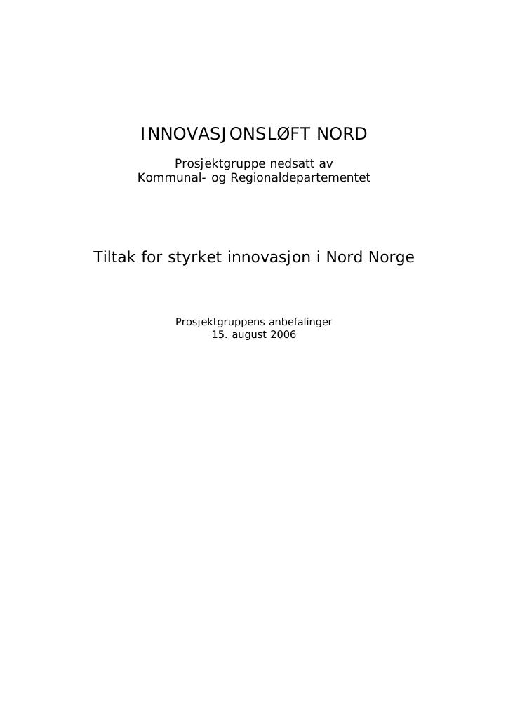 Forsiden av dokumentet Innovasjonsløft Nord: Tiltak for styrket innovasjon i Nord Norge