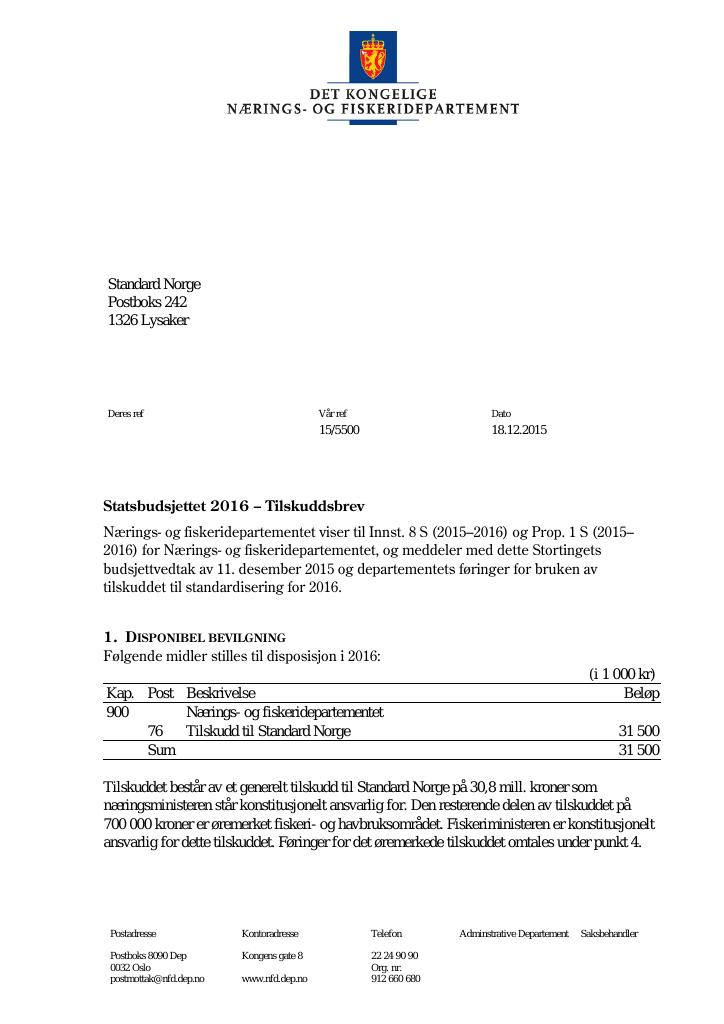 Forsiden av dokumentet Tilskuddsbrev