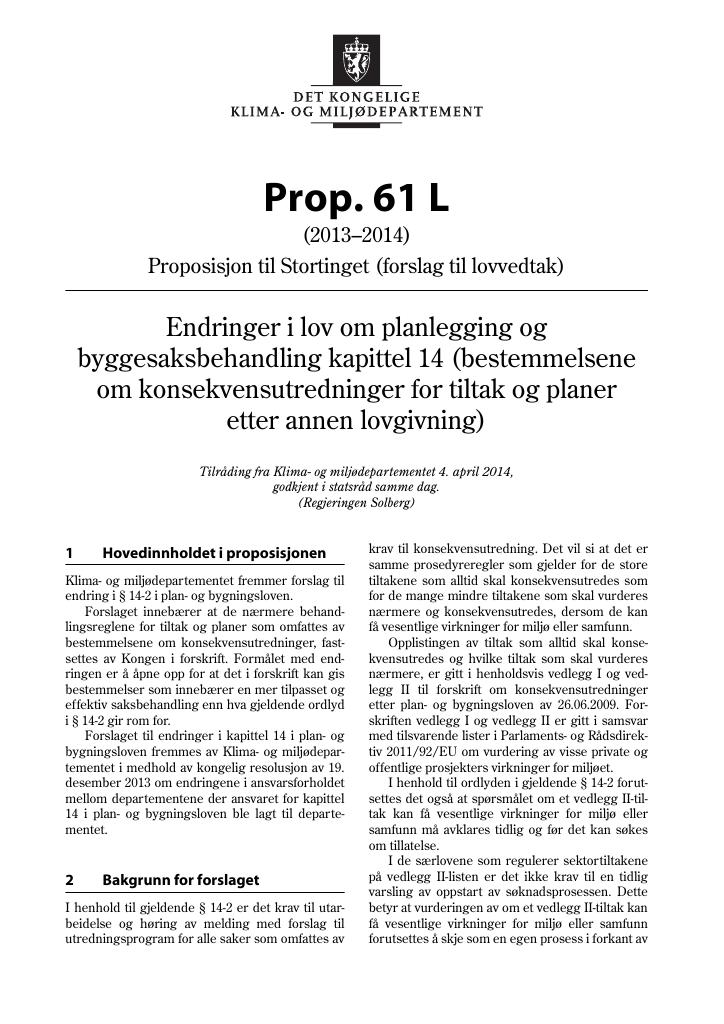 Forsiden av dokumentet Prop. 61 L (2013–2014)