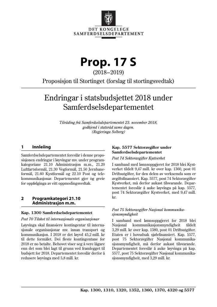 Forsiden av dokumentet Prop. 17 S (2018–2019)