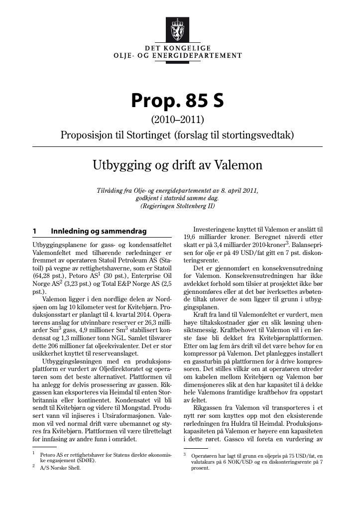 Forsiden av dokumentet Prop. 85 S (2010–2011)