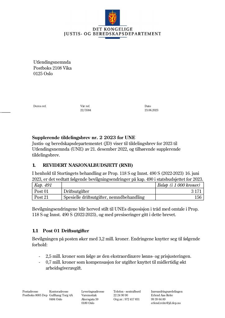 Forsiden av dokumentet Tildelingsbrev Utlendingsnemnda 2023 - tillegg nr. 2