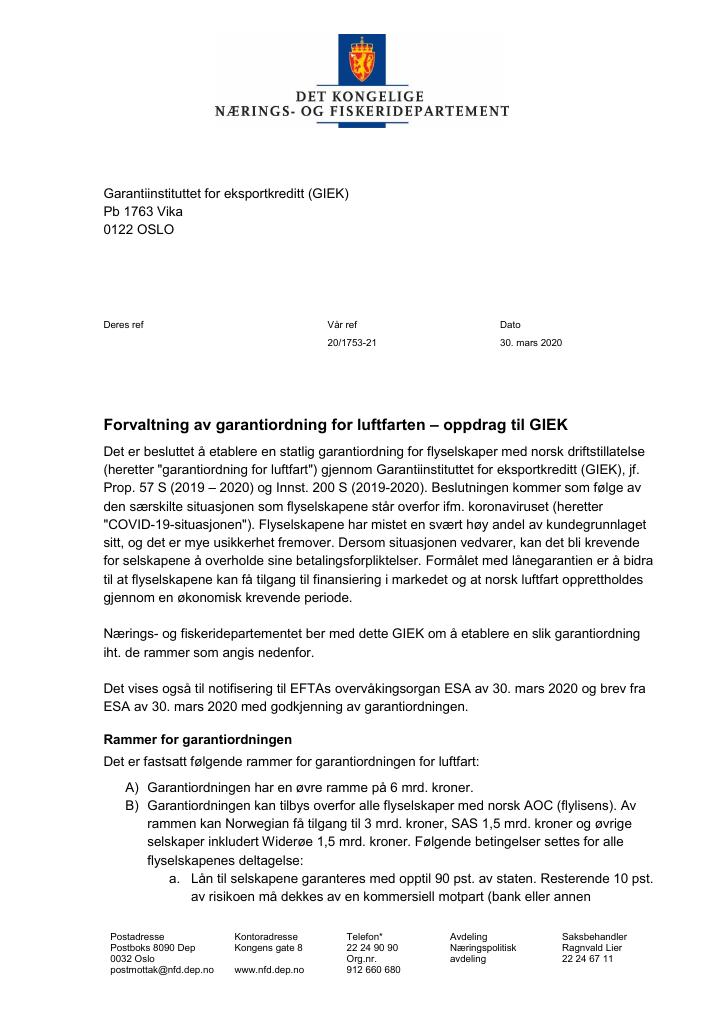 Forsiden av dokumentet Oppdragsbrev Garantiinstituttet for eksportkreditt (GIEK) 2020 - Forvaltning av garantiordning for luftfarten