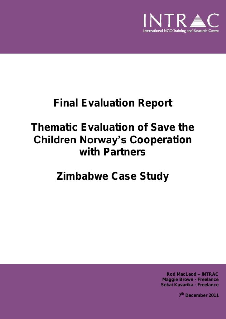Forsiden av dokumentet Thematic Evaluation of Save the Children Norway's Cooperation with Partners – Zimbabwe Case Study
