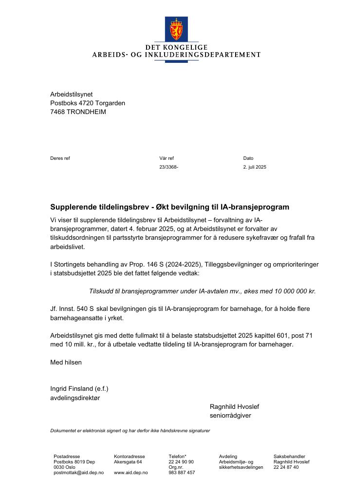 Forsiden av dokumentet Tildelingsbrev Arbeidstilsynet 2025 - tillegg nr. 2