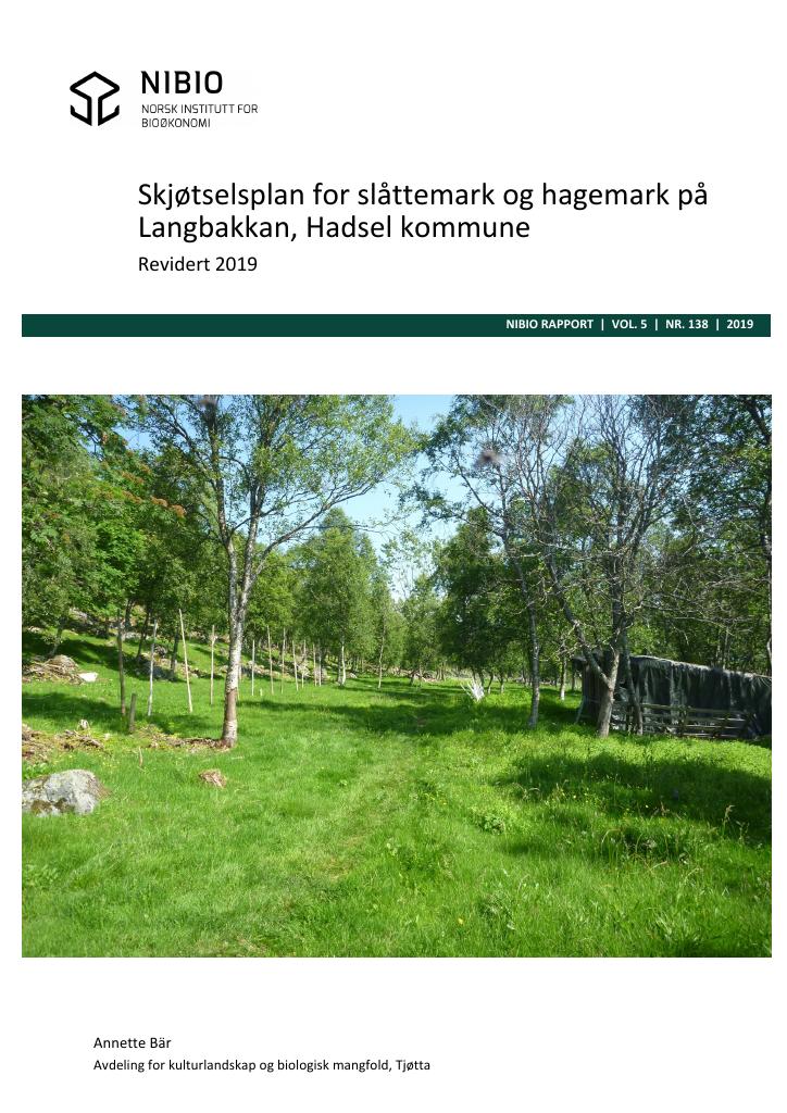 Forsiden av dokumentet Skjøtselsplan for slåttemark og hagemark på Langbakkan, Hadsel kommune : revidert 2019