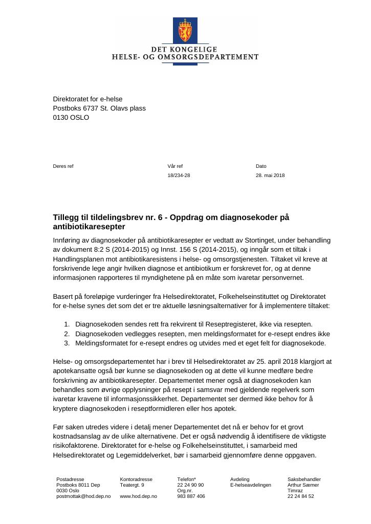 Forsiden av dokumentet Tildelingsbrev Direktoratet for e-helse 2022 - tillegg nr. 6