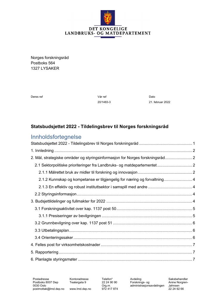 Forsiden av dokumentet Tildelingsbrev Norges forskningsråd 2022