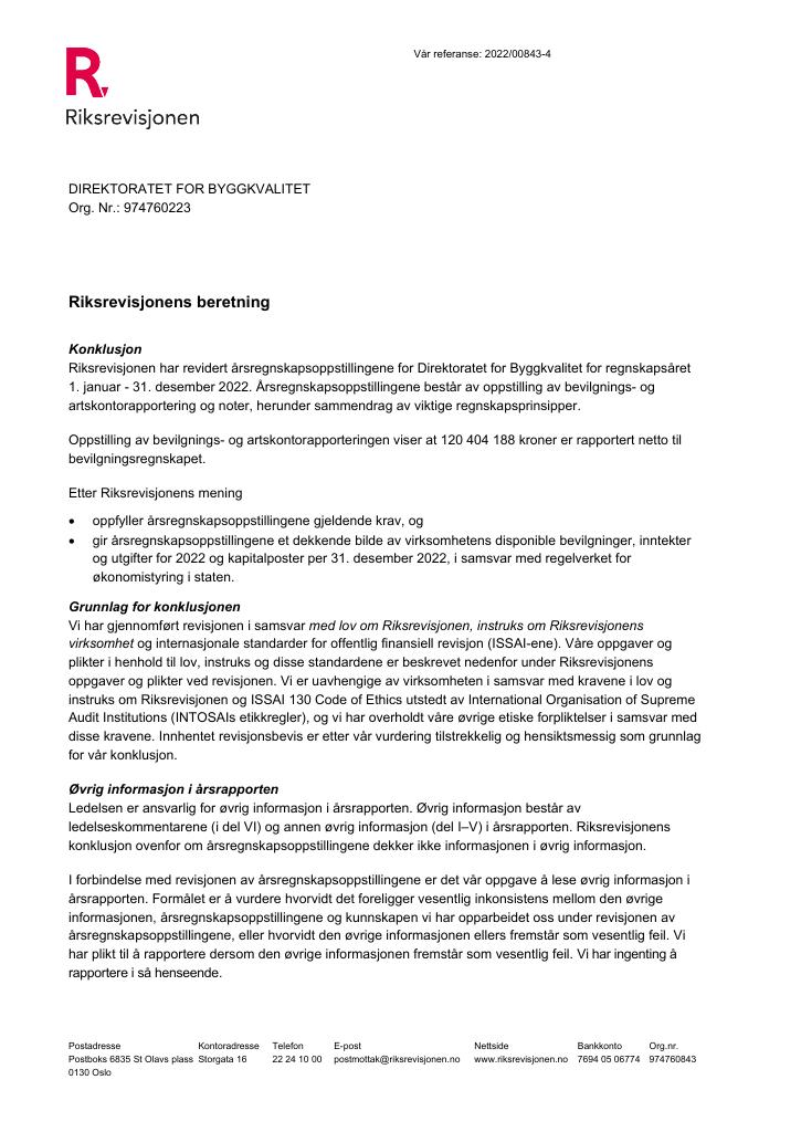 Forsiden av dokumentet Revisjonsberetning Direktoratet for byggkvalitet 2022