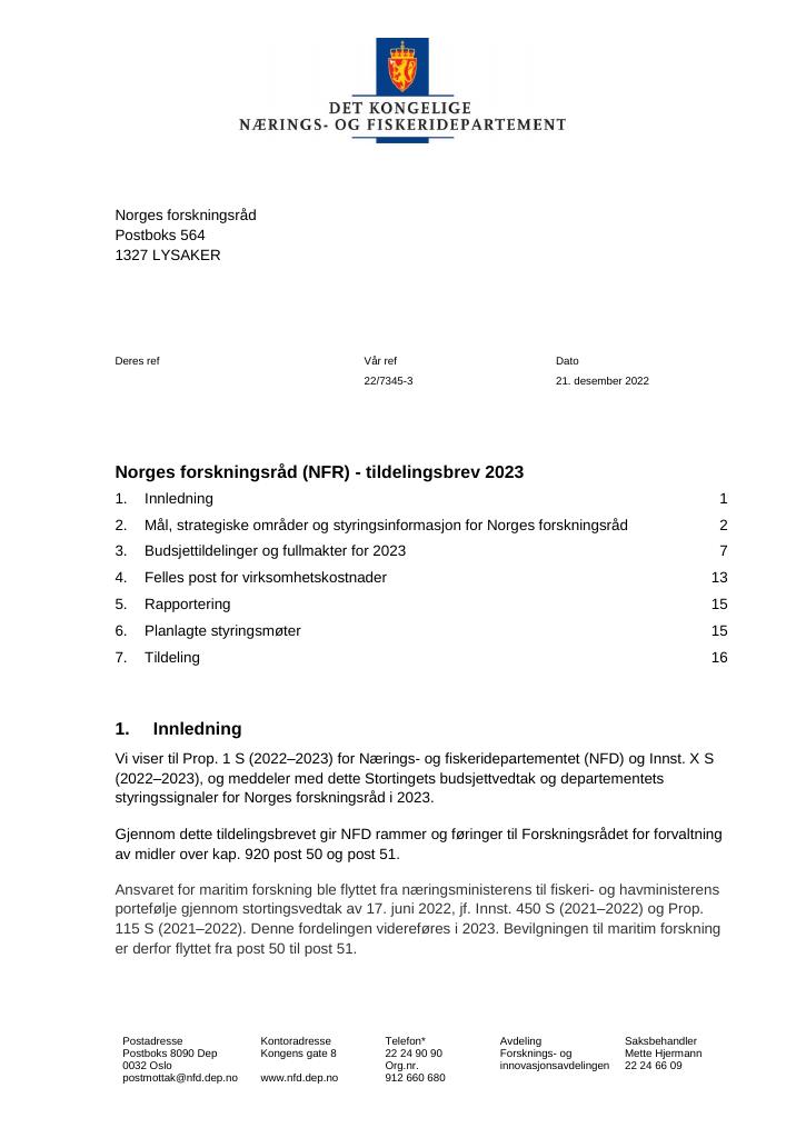 Forsiden av dokumentet Tildelingsbrev Norges forskningsråd 2023