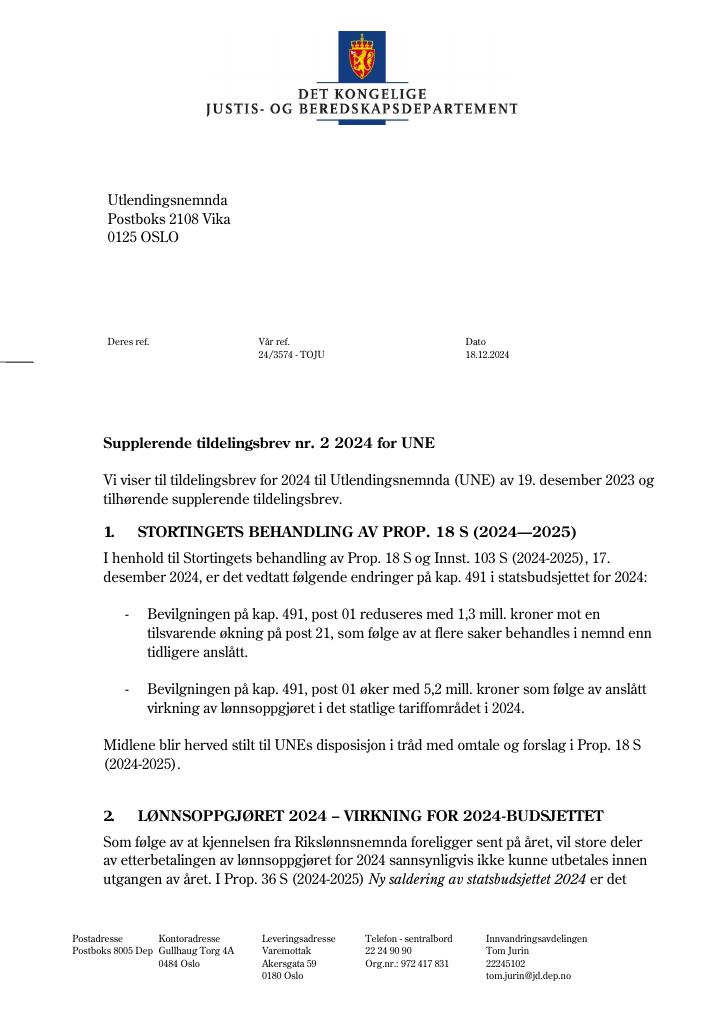 Forsiden av dokumentet Tildelingsbrev Utlendingsnemnda 2024 - tillegg nr. 2