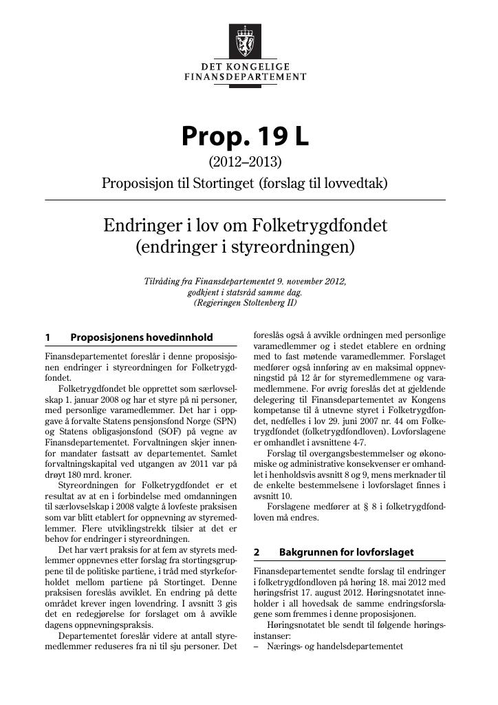 Forsiden av dokumentet Prop. 19 L (2012–2013)
