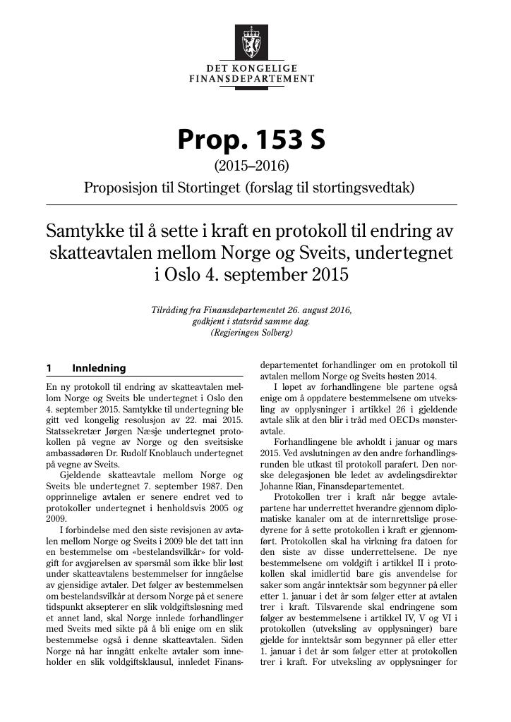 Forsiden av dokumentet Prop. 153 S (2015–2016)