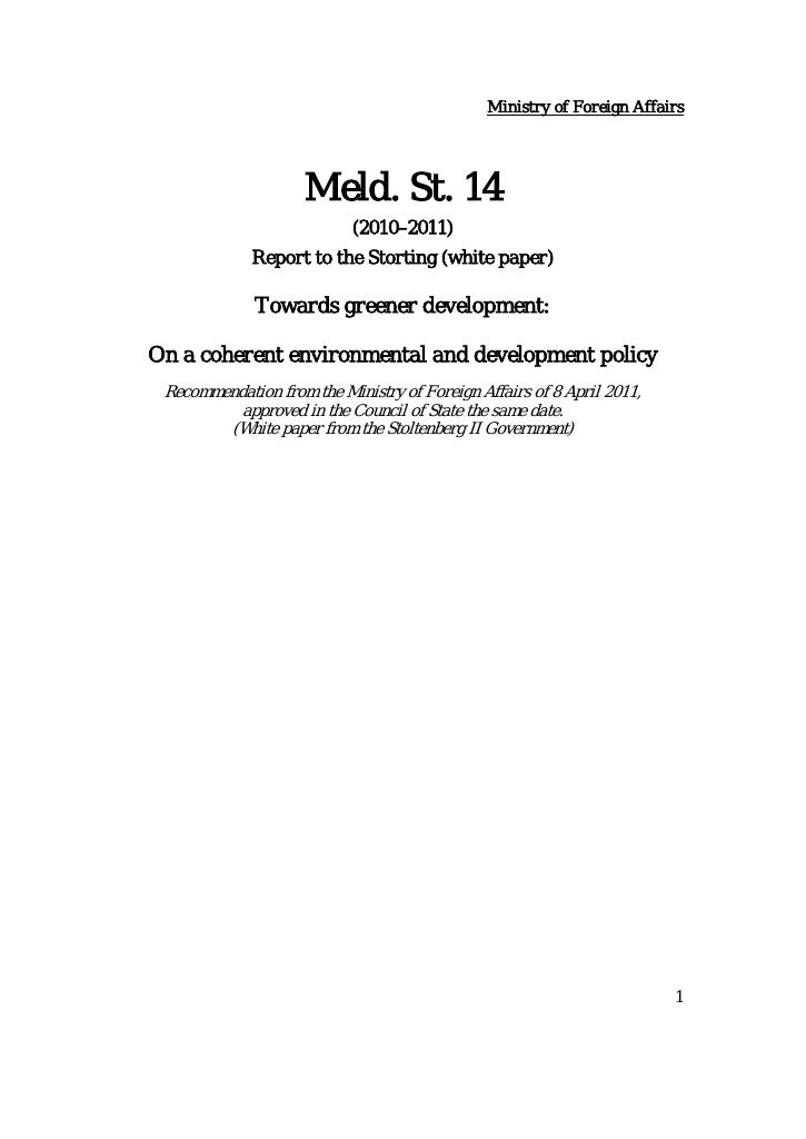 Forsiden av dokumentet Meld. St. 14 (2010–2011) Towards greener development