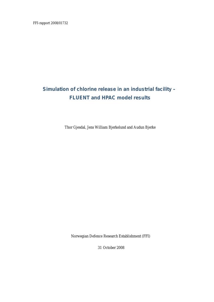 Forsiden av dokumentet Simulation of chlorine release in an industrial facility : FLUENT and HPAC model results