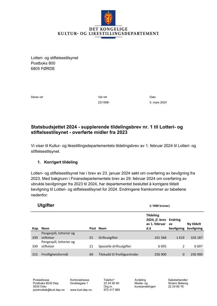 Forsiden av dokumentet Supplerende tildelingsbrev nr. 1 2024 (.pdf)