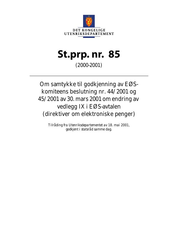 Forsiden av dokumentet St.prp. nr. 85 (2000-2001)
