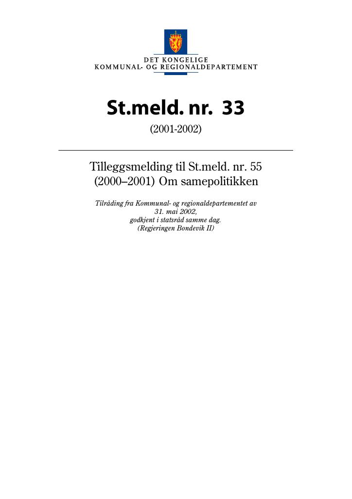 Forsiden av dokumentet St.meld. nr. 33 (2001-2002)