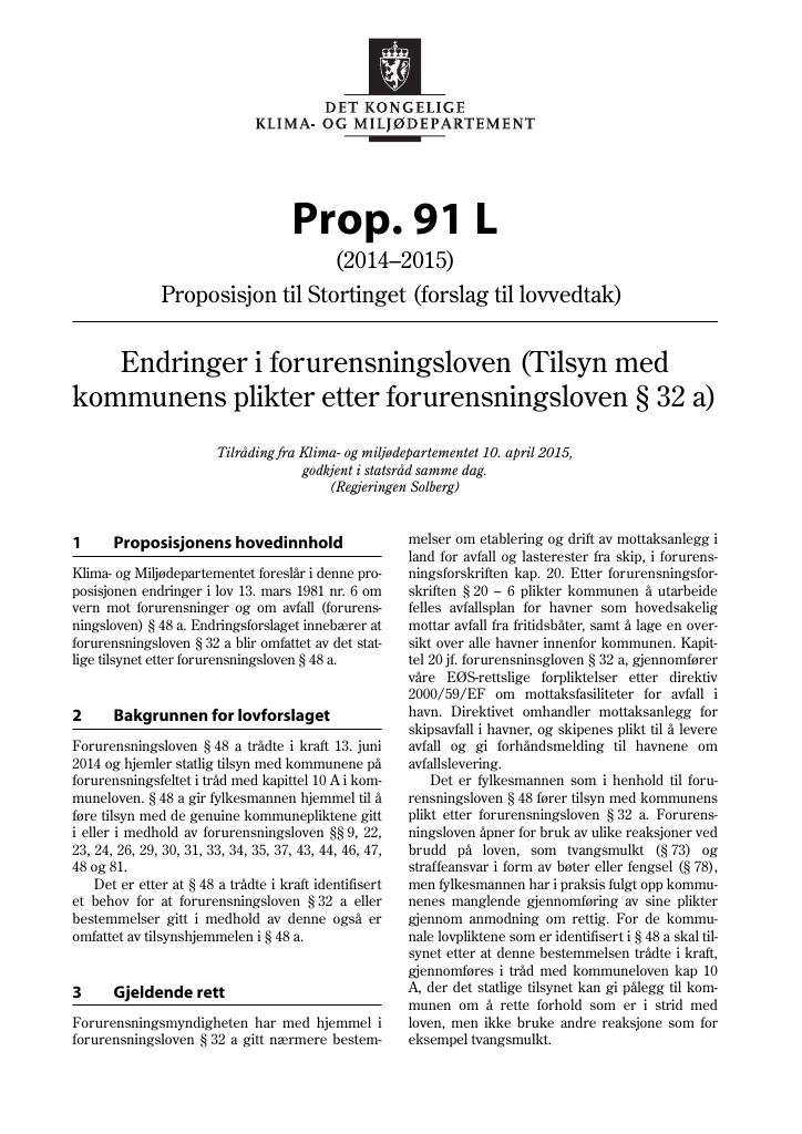 Forsiden av dokumentet Prop. 91 L (2014-2015)